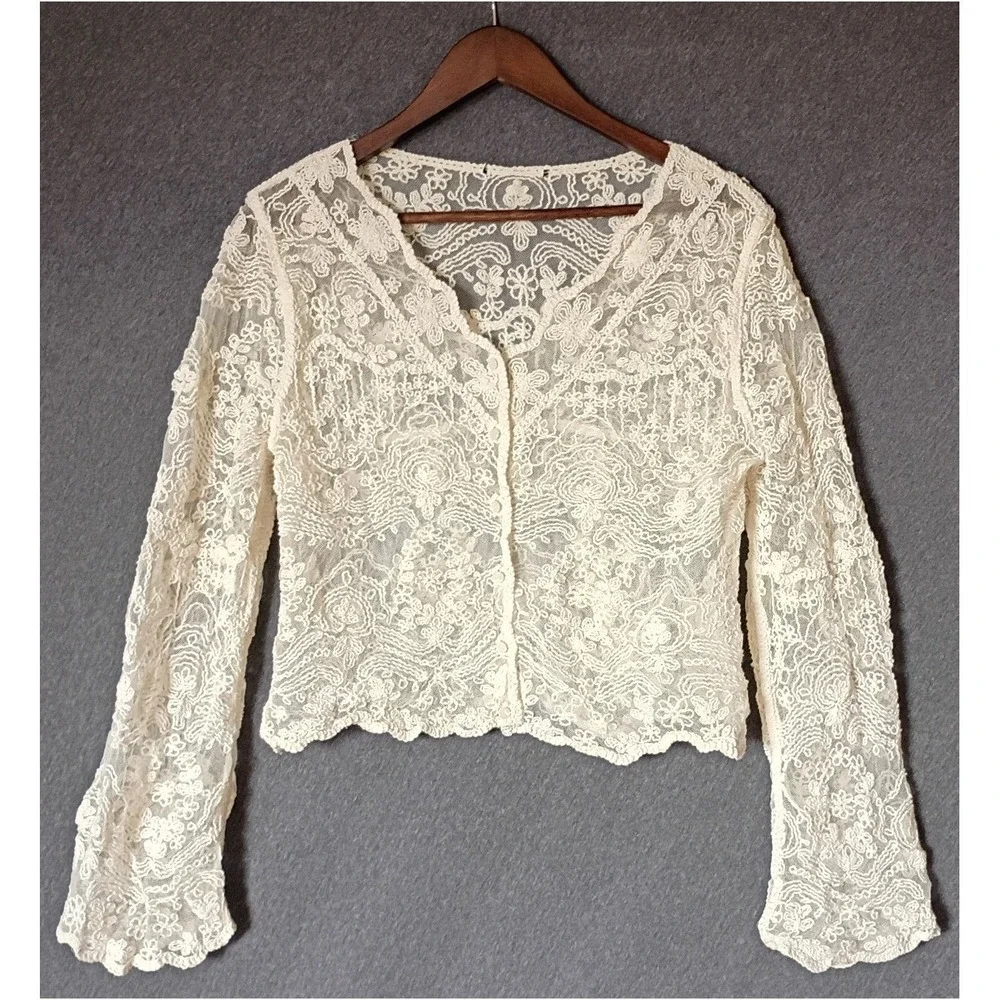 100% Cotton Embroidered Lace Bell Sleeve Size M Cardigan Cottagecore Boho
